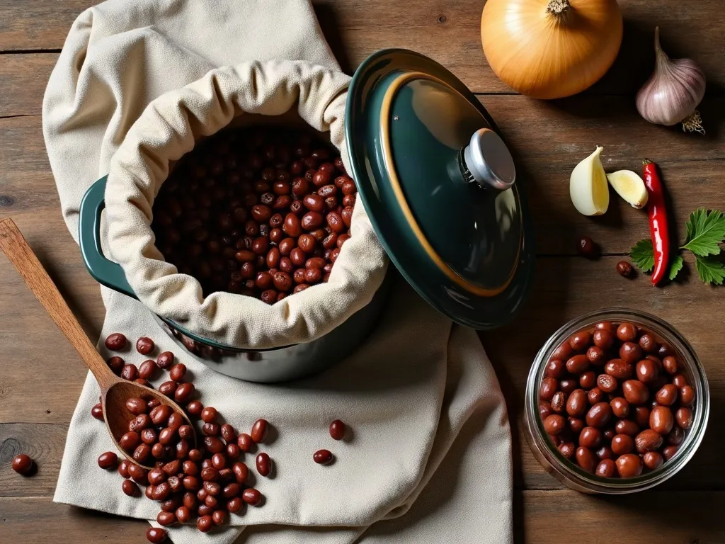Overhead flat-lay of a rustic wooden table with dried beans spilled from a linen bag, a heavy lidded pot, a halved onion, garlic cloves, bay leaves and dried chiles, and a glass jar of cooked beans