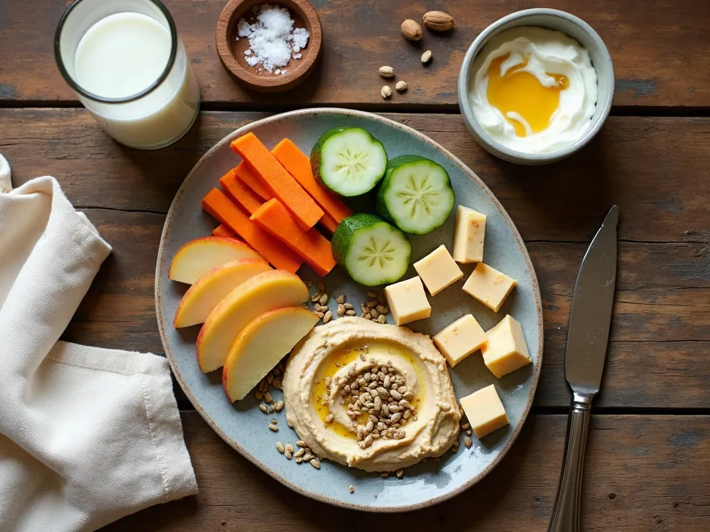 Overhead flat-lay of an after-school snack plate on a rustic wooden table: cut cucumber and carrot sticks, apple wedges, cheese cubes, a small bowl of hummus and a bowl of yogurt, a glass of milk and cream linen