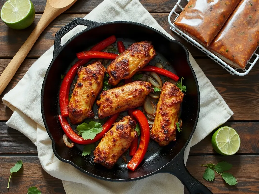 Overhead flat-lay of a cast-iron skillet of seared chicken fajita strips with charred peppers and onions on a rustic table, an empty flat freezer bag with masking tape and a marker beside the pan, and a wire basket of two labelled freezer bags in the corner