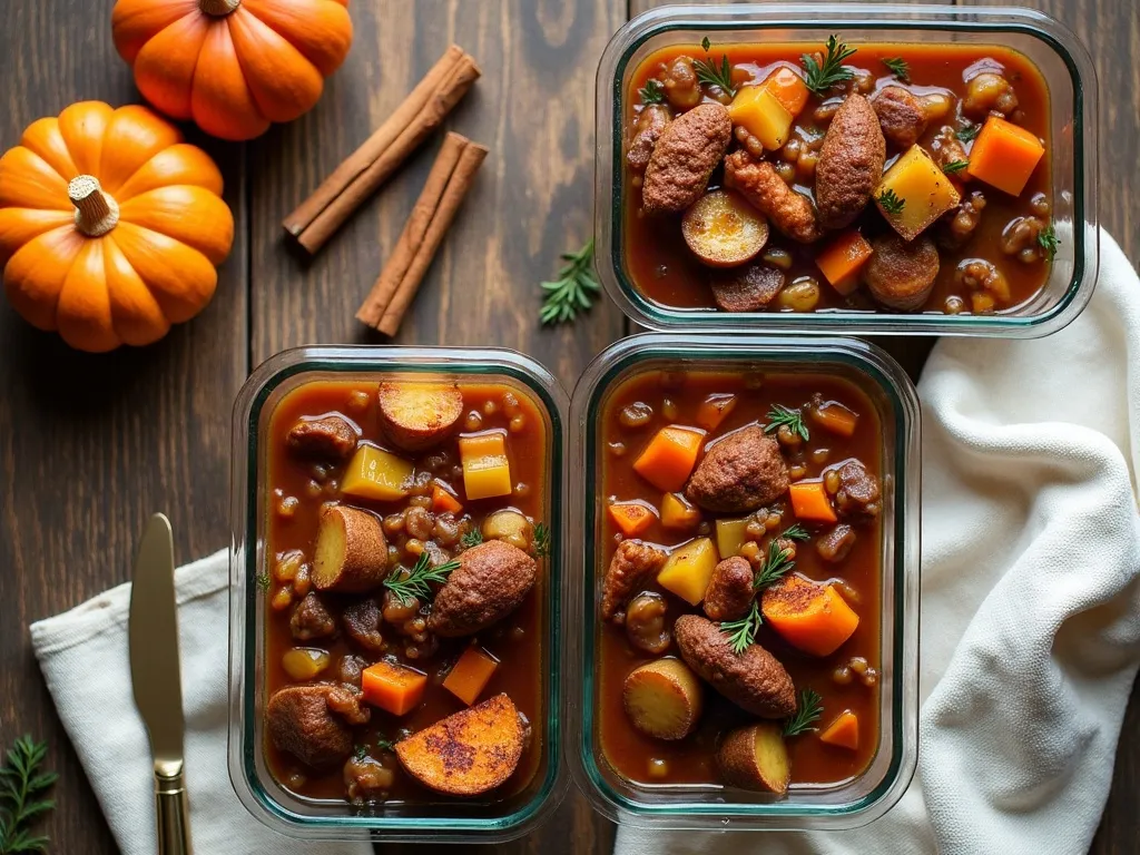Overhead flat-lay of glass containers with hearty stew, small pumpkins and cinnamon sticks on a wooden table