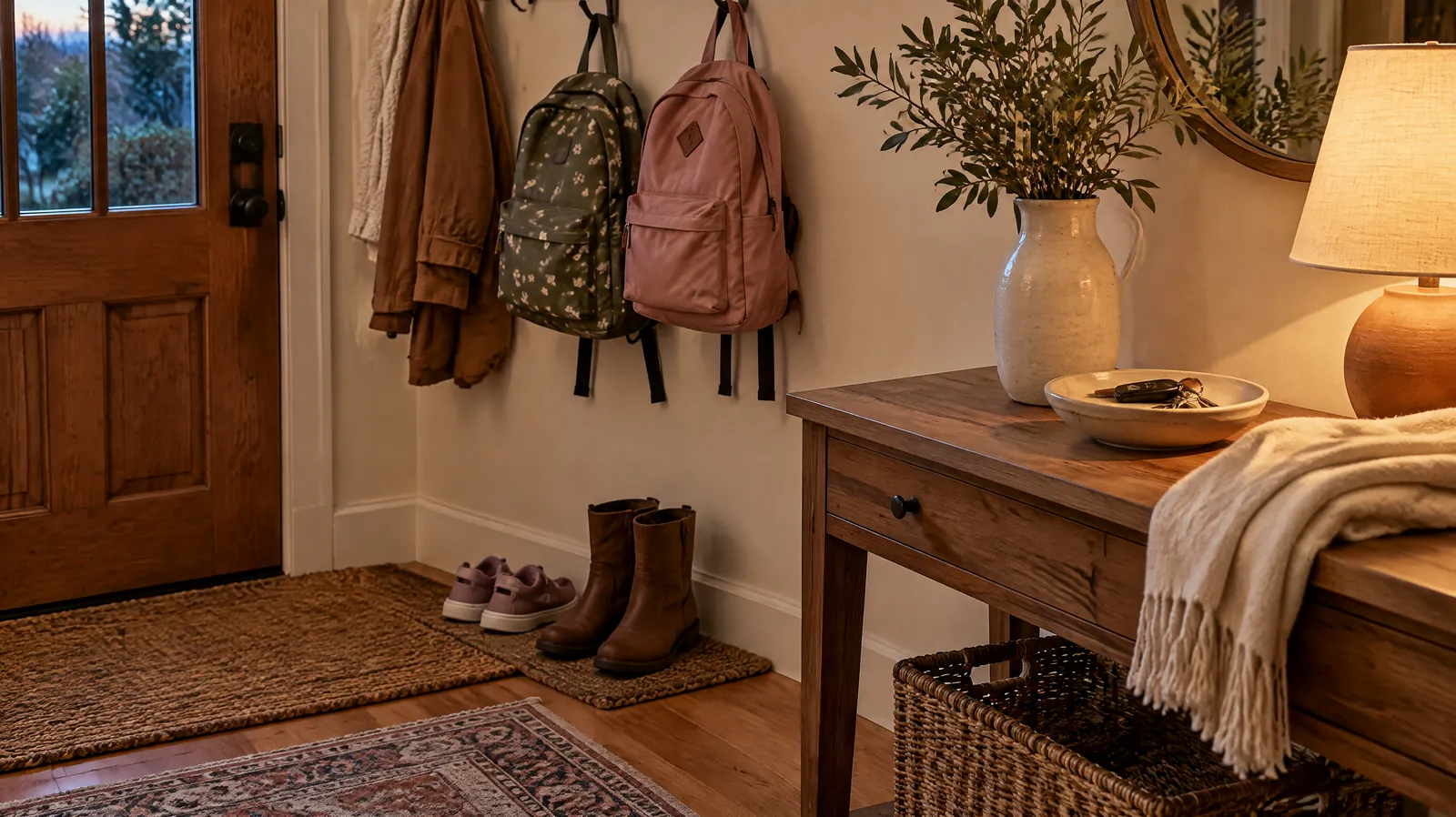 A family entryway in the evening with two school backpacks on hooks, small sneakers and boots on the mat and car keys in a dish on a wooden console table