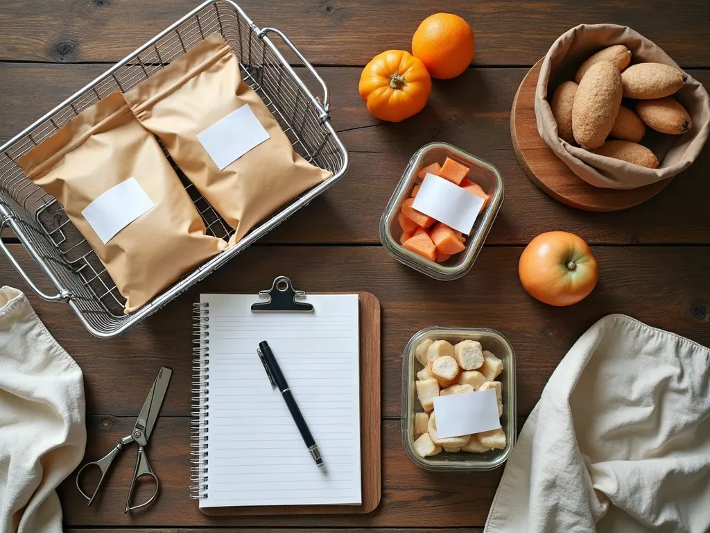 Overhead flat-lay of a freezer inventory on a rustic wooden table: flat zip bags of frozen food with blank masking-tape labels standing upright in a wire basket, two glass containers with locking lids, a small lined notepad and marker, kitchen scissors and a cream linen napkin