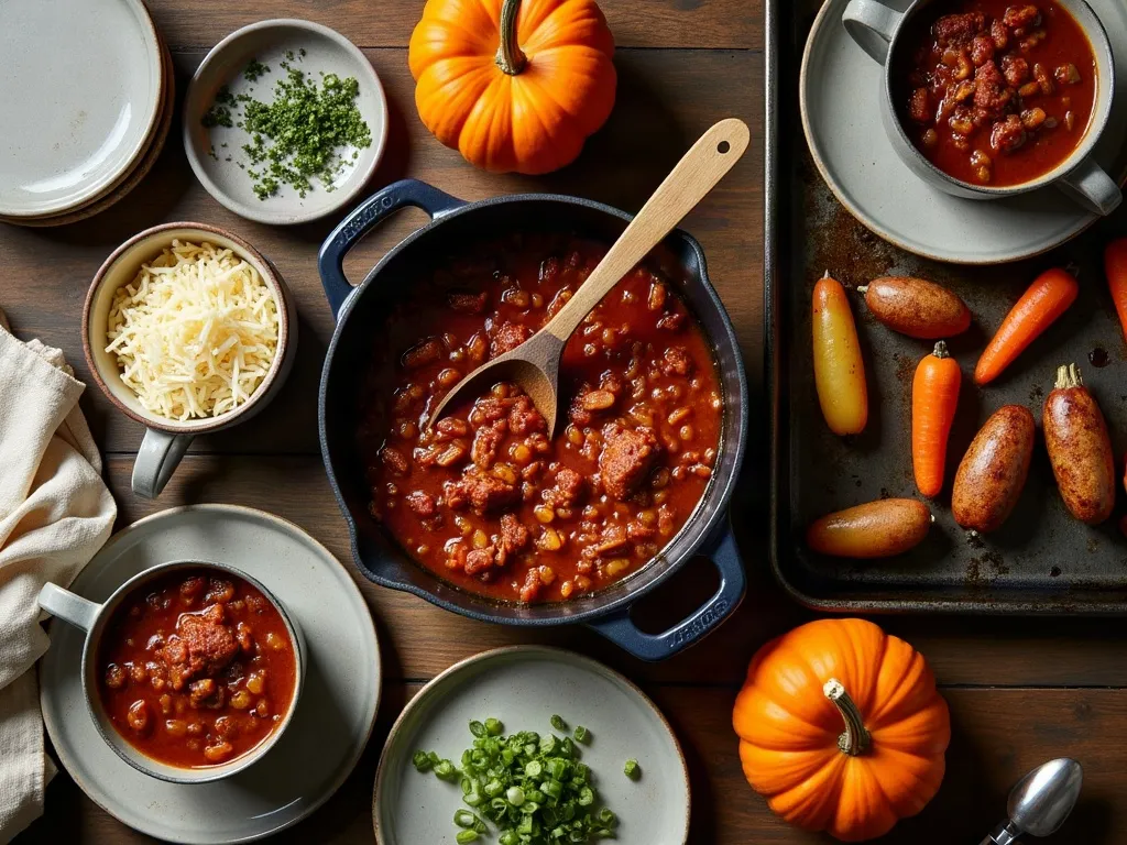 Overhead flat-lay of an early Halloween dinner on a rustic wooden table: a Dutch oven of chili with a ladle resting in it, two stoneware mugs of chili, small bowls of shredded cheese and sliced scallions, a sheet pan of roasted sausages and root vegetables and a small orange pumpkin beside the pot