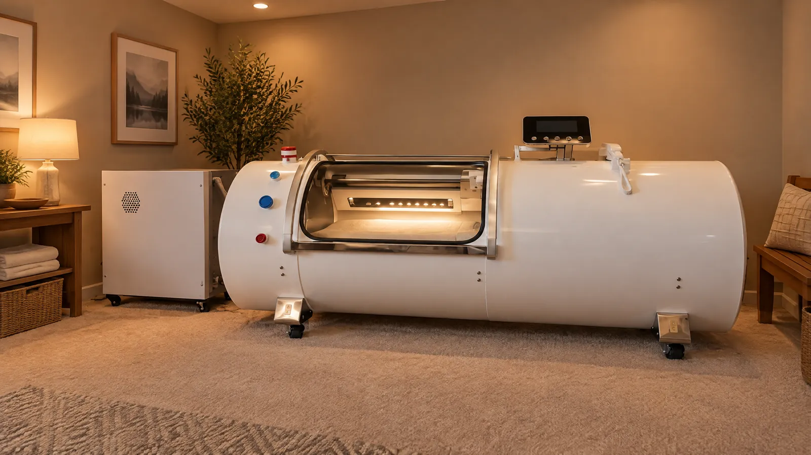 A white lying hard-shell chamber with a long viewing window in a carpeted finished basement, an equipment cabinet beside it and a wooden bench along the wall