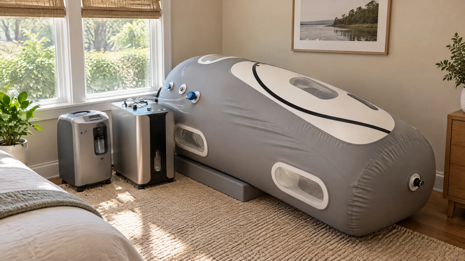 A grey inflatable soft-shell chamber with white panels on a low platform in a sunny spare room, with a compressor and oxygen concentrator beside it