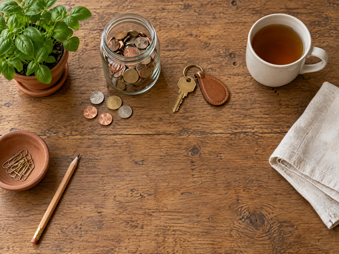 Overhead flat-lay of a rustic wooden table with a glass jar of coins and a few loose coins, a brass house key on a leather fob, a mug of tea, a pencil, a potted herb, a folded linen napkin and a terracotta dish of paper clips