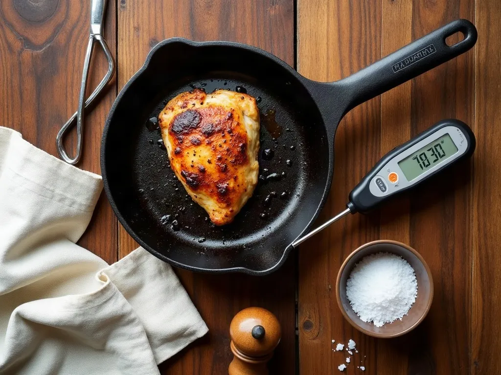 Overhead flat-lay of an instant-read thermometer on a rustic wooden table with a small cast-iron skillet holding one seared chicken thigh, a pair of tongs, coarse salt in a small dish and a folded cream linen napkin