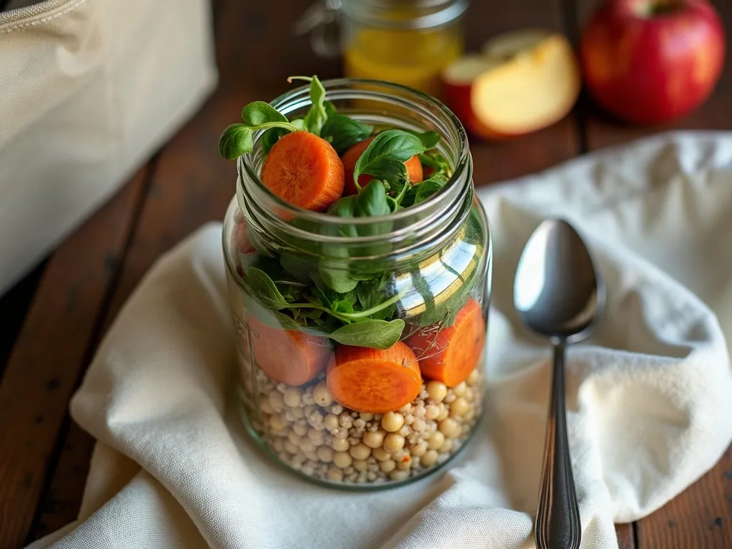 Overhead flat-lay of a wide-mouth glass jar packed with a layered grain and roasted vegetable lunch, a small lidded jar of dressing, a metal fork on a cream linen napkin, half an apple and a wedge of hard cheese on a rustic wooden table