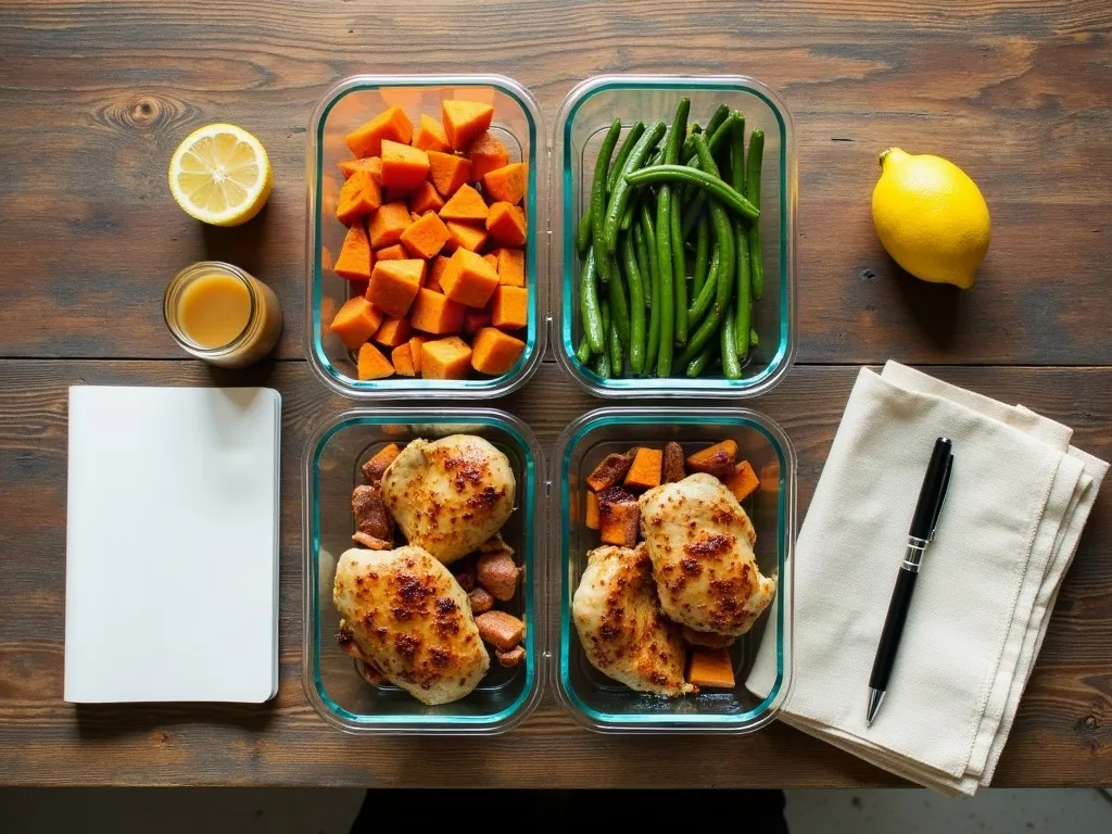 Overhead flat-lay of glass meal-prep containers with grilled chicken, roasted sweet potatoes and green beans