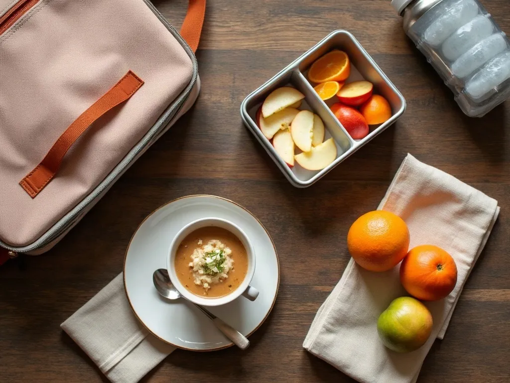 Overhead flat-lay of an open insulated lunch tote with a bento box of sliced fruit, sandwich halves, a small thermos and a frozen gel pack on a rustic wooden table