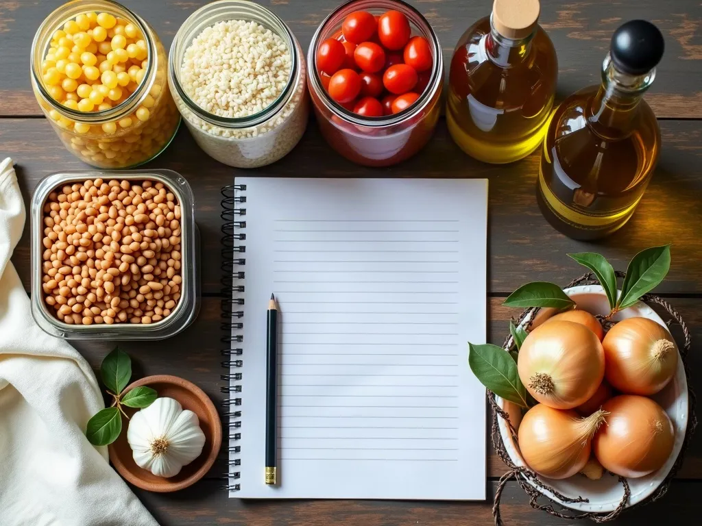 Overhead flat-lay of a pantry restock on a rustic wooden table: open glass jars of dried pasta, white rice and dried beans, two tins of whole peeled tomatoes, a bottle of olive oil, a small jar of red wine vinegar, a blank ruled grocery list with a pencil, a wire basket of onions and a head of garlic, bay leaves and a folded cream linen napkin