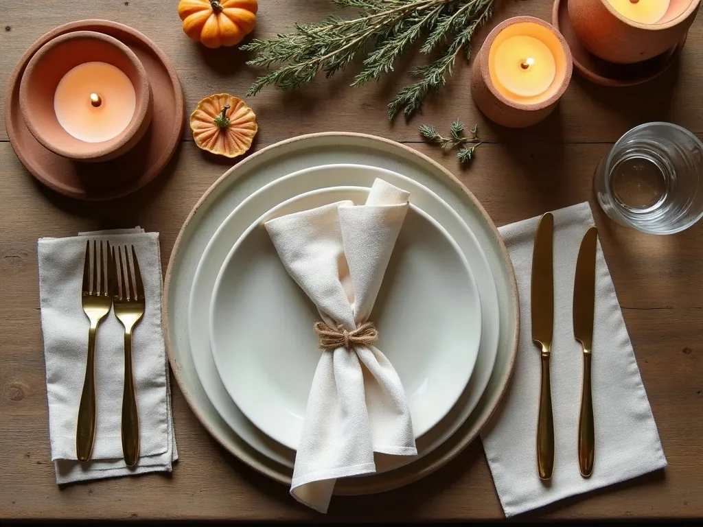 Overhead flat-lay of a holiday table setting on a rustic wooden table: a short stack of cream stoneware plates, folded linen napkins, brass cutlery, two small terracotta candle holders with cream candles, a few small gourds and sprigs of dried thyme, generous bare wood around them