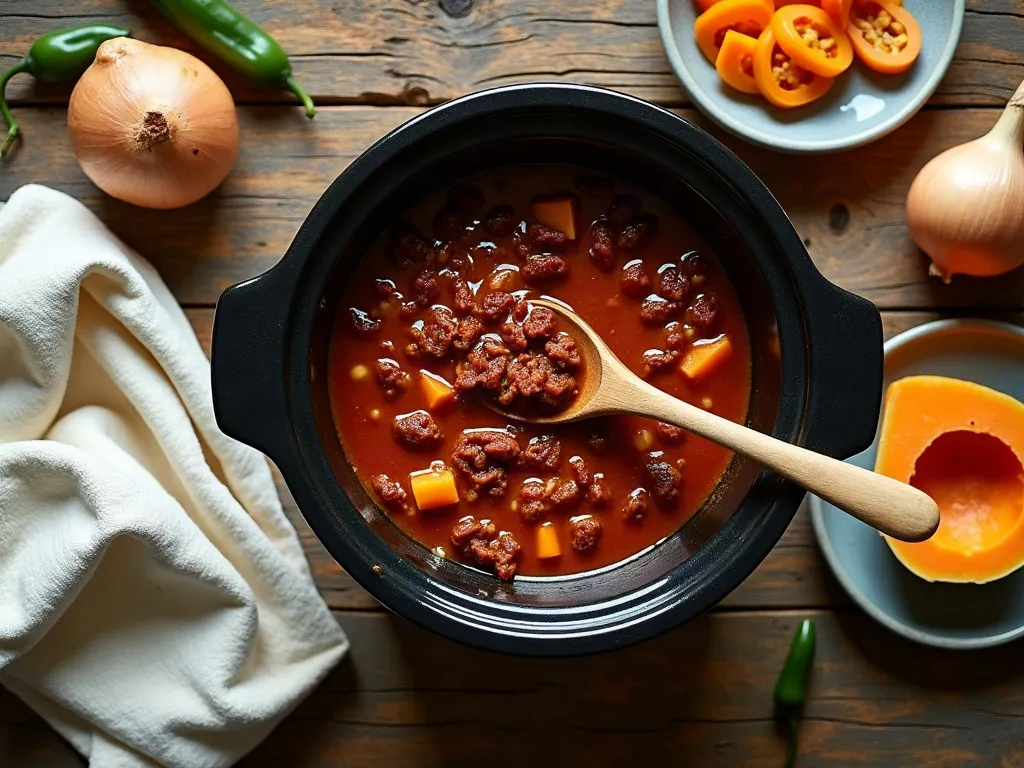 Overhead flat-lay of a slow cooker of chili seen from above, with a wooden spoon on the rim, chopped onion, jalapeños and a wedge of squash on a rustic wooden table