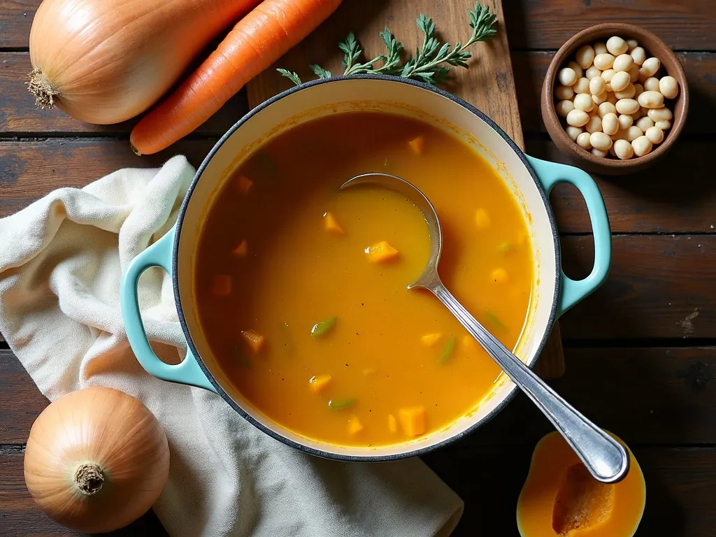 Overhead flat-lay of a Dutch oven full of golden vegetable soup with a ladle resting in it, whole carrots, a wedge of squash, a bowl of white beans and a sprig of thyme on a rustic wooden table