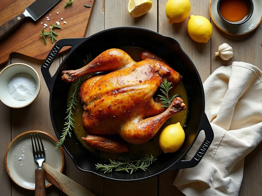 Overhead flat-lay of a whole golden roast chicken in a roasting pan with lemon halves, garlic cloves, thyme sprigs, a carving board and knife, a small bowl of pan juices and a cream linen napkin on a rustic wooden table