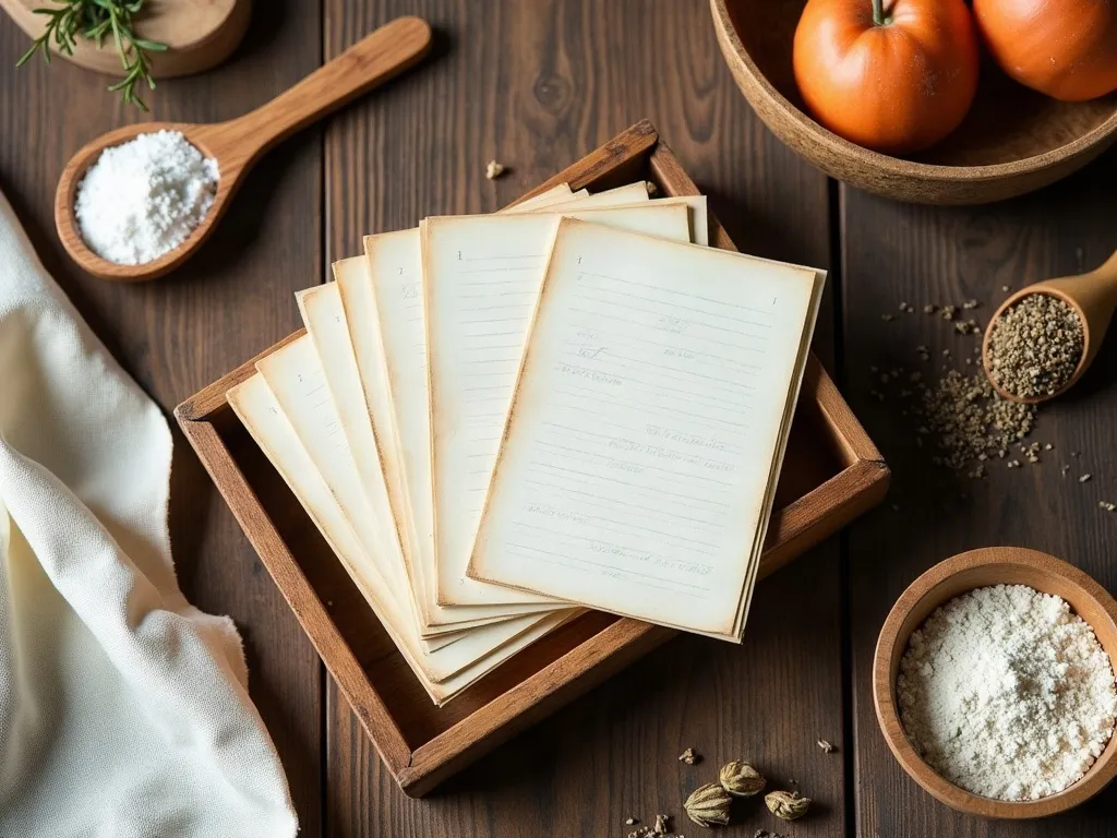 Overhead flat-lay of a vintage recipe card box with blank cards and a wooden spoon on a rustic table
