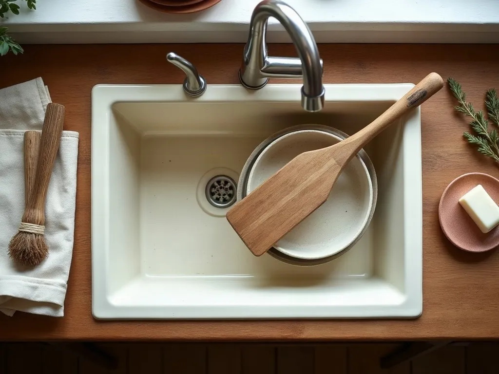 Overhead flat-lay of a deep farmhouse ceramic sink holding a stack of used cream plates and a cast-iron skillet half-filled with soapy water, a wooden board and natural-bristle dish brush at the edge, a bar of soap on a terracotta dish and a folded linen towel on a rustic counter