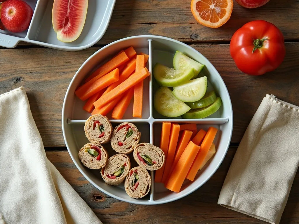 Overhead flat-lay of a rustic wooden kitchen table with food and linens in warm cream and terracotta tones