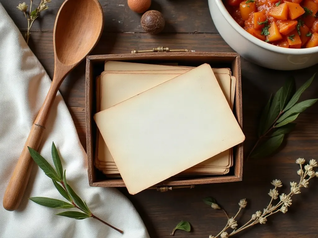 Overhead view of a vintage recipe card box with wooden spoon and herbs