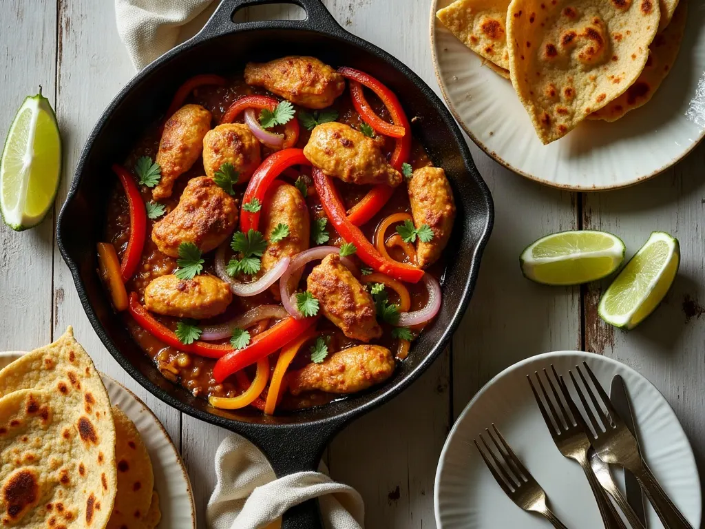 Sizzling chicken fajita strips with peppers in a pan