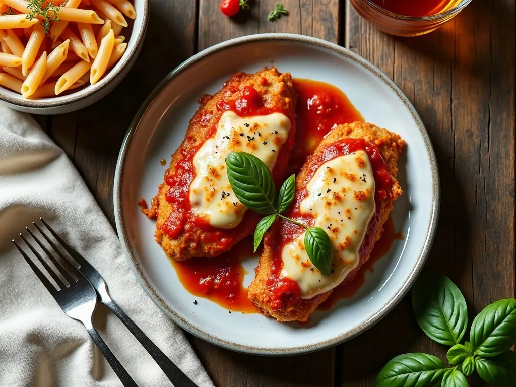Baked chicken parmesan with melted cheese on a plate
