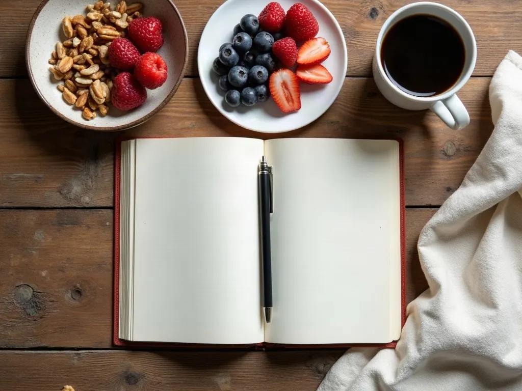 A notebook and a cup of coffee on a kitchen table, morning light